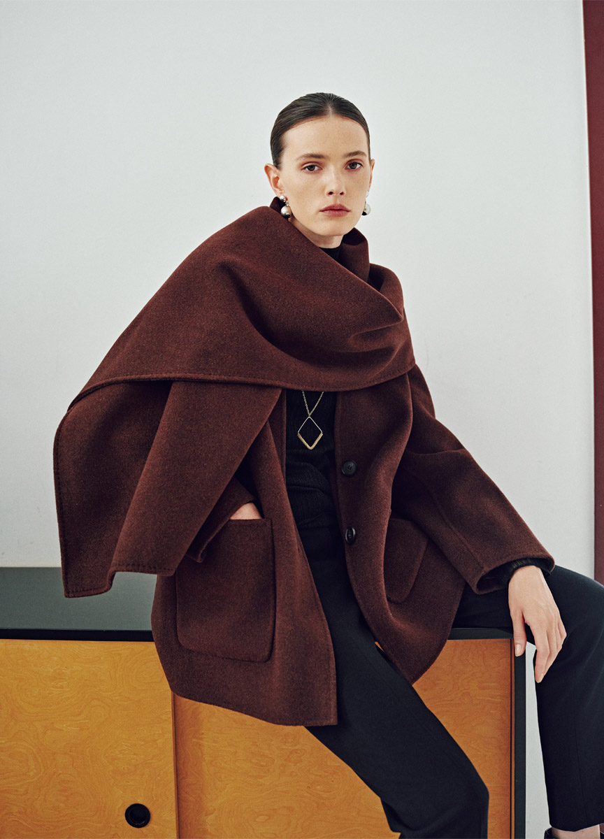 質感混羊絨無領口袋短大衣